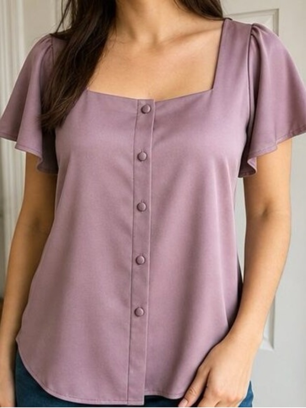 Women's Square Neck Flutter Sleeve Blouse - Mauve - Picture 2 of 6